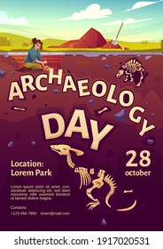 Archaeology Day Poster With Woman Explorer On Excavation Site And Buried Dinosaurs Underground. Vector Flyer With Cartoon Illustration Of Archeology Dig, Explorer With Brush And Fossil Skeletons