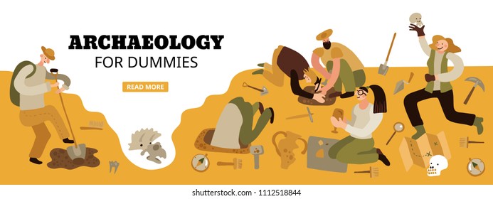 Archaeology For Dummies Web Page Header With Funny Characters On Historical Dig Site Amazing Findings Vector Illustration 