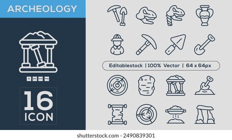 Archaeology Exploration Set
Editable vector icon set featuring archaeology tools, artifacts, excavation sites, ancient symbols