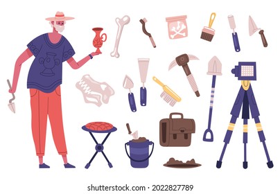 Archaeology Explorer Character With Archaeology Dig Equipment And Artifacts. Male Archaeologist At Work Vector Illustration. Archaeology Excavation Tools As Shovel And Brush For Bones Research