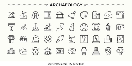 Archaeology icon. Minimalist editable vector stroke. Contain linear symbols museum, historical, antiquity, culture, exhibit, heritage, exhibition. Editable stroke. Archaeology line icon set.