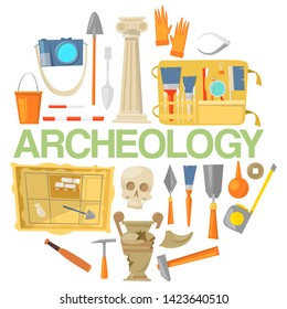 Archaeology icon set banner vector illustration. Archaeological tools, ancient artifacts isolated on white background. Supplies and tools for excavations such as gloves, brush.