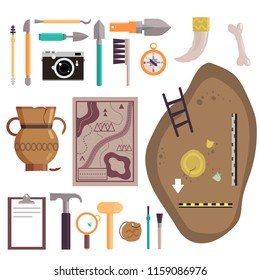 Archaeology icon set. Vector illustration of archaeological site, ancient artifacts, archaeological tools isolated on white background.