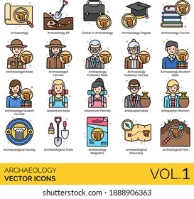 Archaeology Icons Including 101, Career, Degree, Course, Male, Female, Professor, Student, Adventurer, Antiquarian, Archaeological Society, Tool, Magazine, Discovery, Find.