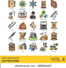 Archaeology icons including field note, cultural resource management, culture, hieroglyphs, fossil, nomad, hunter gatherer, looter, three age system, iron, prehistory, bronze, dark, papyrus, stylus.