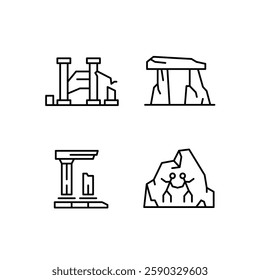 Archaeology icons. Minimalistic ancient ruins and archaeology icons set with historical symbols. Design signs for web page, mobile app, packaging design. Vector illustration