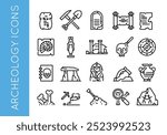 Archaeology icons. Set of 20 archaeology-themed minimal icons. Map, Shovel, Artifact, Fossil, Ancient Vase icons. Design signs for web pages, mobile apps, related to history. Vector illustration