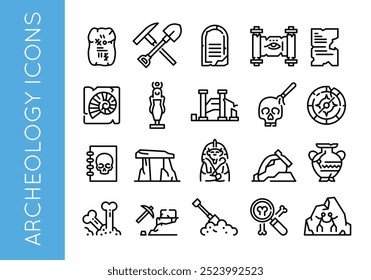 Symbole der Archäologie. Set von 20 Minimalsymbolen zum Thema Archäologie. Landkarte, Schaufel, Artefakt, Fossil, Antike Vase-Symbole. Designschilder für Webseiten, mobile Apps, bezogen auf die Geschichte. Vektorgrafik