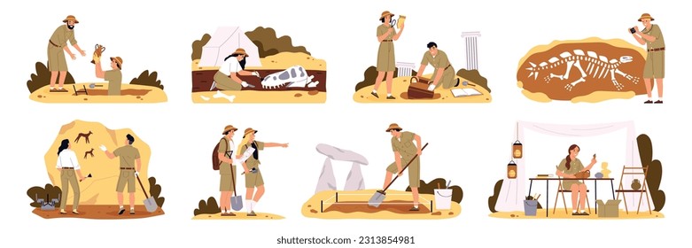 Archaeology icons set with exploring symbols flat isolated vector illustration