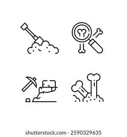 Archaeology icons. Archaeology tools and fossils icon set. Map, Shovel, Artifact, Fossil, Bones icons. Design signs for web pages, mobile apps, related to history. Vector illustration