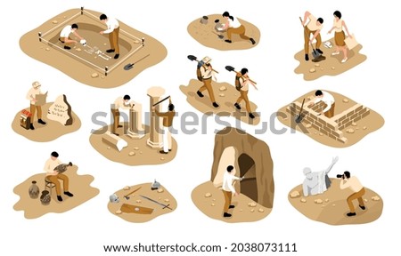 Archaeology isometric set of isolated compositions with people engaged in excavations of archaeological ancient finds vector illustration