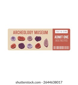 Archaeology museum ticket with fossils of plants, fish, bones and dinosaur footprints with barcode and number. Admission. Archaeological fossils. Vector flat illustration. Flat style.