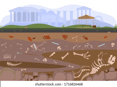 Archaeology, Paleontology Excavation Or Digging Soil Layers By Archaelogists With Artifacts, Treasures And Bones Underground Cartoon Vector Illustration. Dinosaurs Skeletons Archaelogical Search.