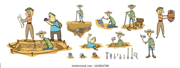 Archaeology, Paleontology And Treasure Hunting, Archaeologists On Excavation Site. Set Of Cartoon Caracters And Tools. Flat Cartoon Vector Illustration, Isolated On White Background.