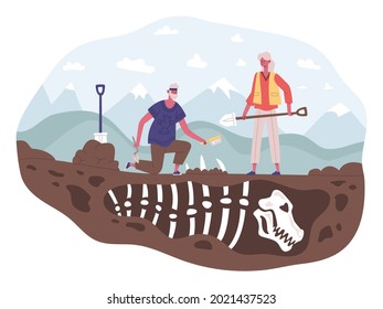 Archaeology scientists characters discovering, excavation, digging and researching. Archaeologists discovered dinosaur skeleton fossil vector illustration. Woman and man with equipment