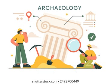 Archäologische Vektorillustration mit einer archäologischen Ausgrabung antiker Ruinen, Artefakte und Dinosaurierfossilien in einem flachen Cartoon Hintergrund