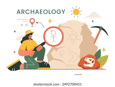 Archäologische Vektorillustration mit einer archäologischen Ausgrabung antiker Ruinen, Artefakte und Dinosaurierfossilien in einem flachen Cartoon Hintergrund