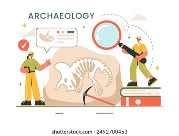 Archäologische Vektorillustration mit einer archäologischen Ausgrabung antiker Ruinen, Artefakte und Dinosaurierfossilien in einem flachen Cartoon Hintergrund