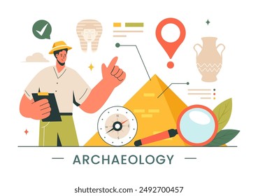 Archäologische Vektorillustration mit einer archäologischen Ausgrabung antiker Ruinen, Artefakte und Dinosaurierfossilien in einem flachen Cartoon Hintergrund