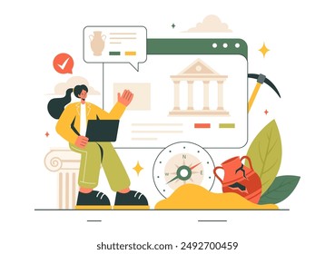 Archaeology Vector Illustration featuring an Archaeological Excavation of Ancient Ruins, Artifacts, and Dinosaur Fossils in a Flat Cartoon Background