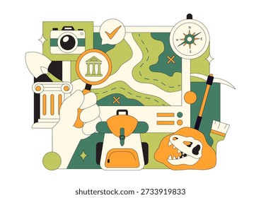 Ilustración vectorial de Arqueología con Una Excavación Arqueológica de Ruinas Antiguas, Artefactos Históricos y Fósiles de Dinosaurios en El Fondo