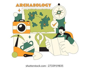 Ilustración vectorial de Arqueología con Una Excavación Arqueológica de Ruinas Antiguas, Artefactos Históricos y Fósiles de Dinosaurios en El Fondo