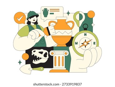 Ilustración vectorial de Arqueología con Una Excavación Arqueológica de Ruinas Antiguas, Artefactos Históricos y Fósiles de Dinosaurios en El Fondo