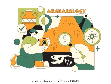Ilustración vectorial de Arqueología con Una Excavación Arqueológica de Ruinas Antiguas, Artefactos Históricos y Fósiles de Dinosaurios en El Fondo