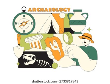 Ilustración vectorial de Arqueología con Una Excavación Arqueológica de Ruinas Antiguas, Artefactos Históricos y Fósiles de Dinosaurios en El Fondo