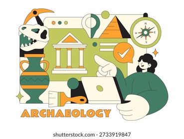 Ilustración vectorial de Arqueología con Una Excavación Arqueológica de Ruinas Antiguas, Artefactos Históricos y Fósiles de Dinosaurios en El Fondo
