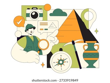 Ilustración vectorial de Arqueología con Una Excavación Arqueológica de Ruinas Antiguas, Artefactos Históricos y Fósiles de Dinosaurios en El Fondo