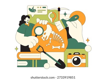 Ilustración vectorial de Arqueología con Una Excavación Arqueológica de Ruinas Antiguas, Artefactos Históricos y Fósiles de Dinosaurios en El Fondo
