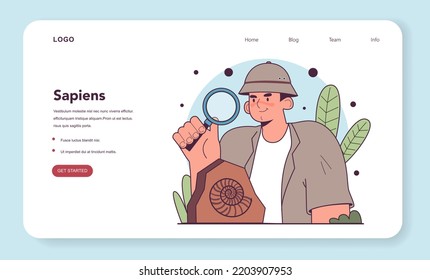 Archaeology web banner or landing page. Ancient history scientist or paleontologist. Knowledge of an ancient civilization culture. Prehistoric times research. Flat vector illustration