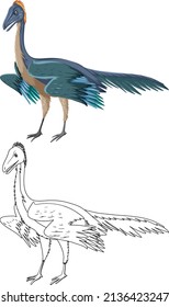 Archaeopteryx dinosaur with its doodle outline on white background illustration