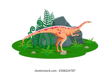 Archaeornithomimus prehistoric dinosaur cartoon paleontology character. Isolated vector Late Cretaceous era lizard. Ancient omnivorous dino reptile animal in natural environment with rocks and plants