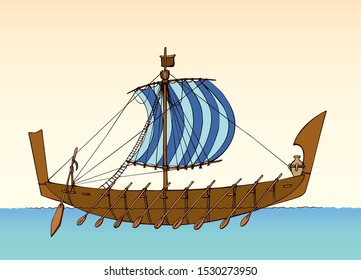 Archaic past century etruscan big oar bireme canvas clothing galliass for merchant trading or colonization isolated on white background. Bright color hand drawn phoenician sketch in art retro style