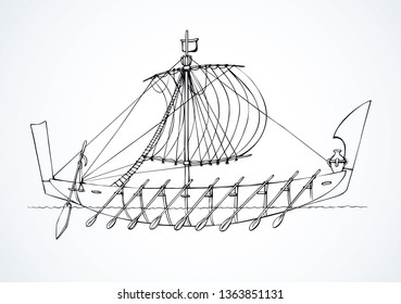 Archaic past century etruscan oar bireme canvas clothing galliass for merchant trading or colonization isolated on white background. Line ink drawn sign icon sketch in art retro cartoon gravure style