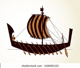 Archaic past century etruscan oar bireme canvas clothing galliass for merchant trading or colonization isolated on white background. Line ink drawn sign icon sketch in art retro cartoon gravure style