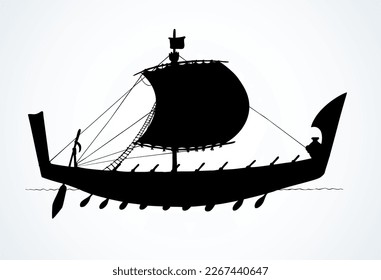 Archaic past century etruscan oar bireme canvas clothing galliass for merchant trading or colonization isolated on white background. Black ink drawn logo sign icon in art retro contour print style