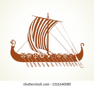 Archaic past century wood oar galleon for merchant trading or colonization isolated on white background. Dark ink hand drawn picture symbol sketch in art retro graphic gravure style