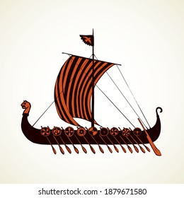 Archaic past century wood oar shield Greek galleon. Black ink stripe hand drawn roman merchant trade colonize logo icon sign symbol design white paper sketch in aged art retro graphic etch print style