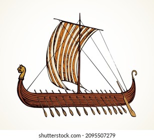 Archaic past century wood oar shield Greek galleon. Black ink stripe hand drawn roman merchant trade colonize logo icon sign symbol design white paper sketch in aged art retro graphic etch print style