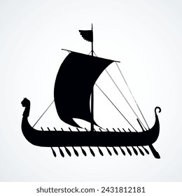 Archaic past century wood oar shield Greek galleon. Black ink stripe hand drawn roman merchant trade colonize logo icon sign symbol design white paper sketch in aged art retro graphic etch print style