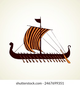 Archaic past century wood oar shield Greek galleon. Black ink stripe hand drawn roman merchant trade colonize logo icon sign symbol design white paper sketch in aged art retro graphic etch print style