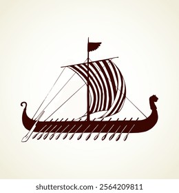 Archaic past century wood oar shield Greek galleon. Black ink stripe hand drawn roman merchant trade colonize logo icon sign symbol design white paper sketch in aged art retro graphic etch print style