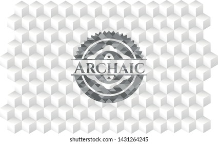 Archaic realistic grey emblem with cube white background