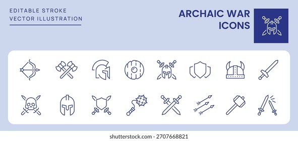 Iconos de guerra arcaicos. Trazo Editable. Conjunto de iconos de línea delgada símbolo de colección.