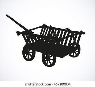 Archaic wooden empty dolly truck isolated on white background. Black ink hand drawn picture sketch in art aged engraving style pen on paper. View closeup with space for text