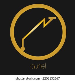 Archangel Auriel, archangel of Earth, meaning light of God in Hebrew. Auriel is invoked as the guardian and representative of the Earth. Angel rune, gold logo.
