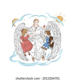 archangel with children, christmas religious illustration